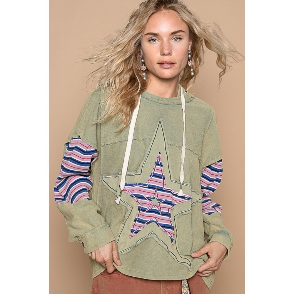 POL Star Patch Oversized Hoodie in Olive Mineral Wash - Picture 2 of 5